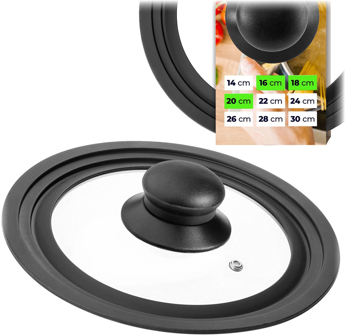 KADAX universele deksel 16/18/20 cm, universele deksel voor potten en pannen, pannendeksel, glazen deksel met siliconenrand en stoomopening, potdeksel (zwart)