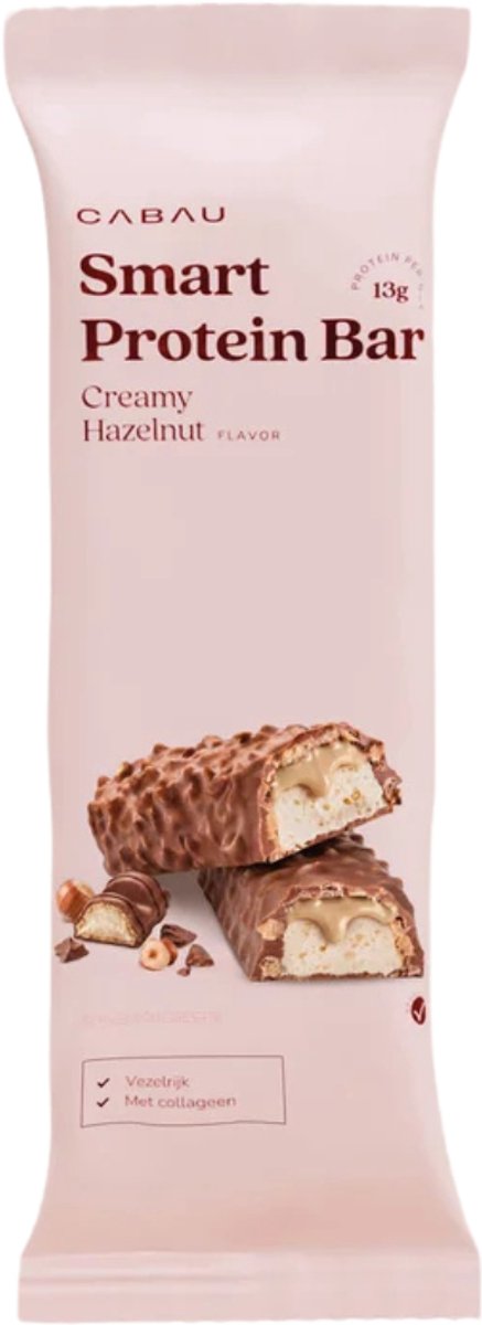 Cabau – Smart Protein Bar – Creamy Hazelnut – Eiwitreep 13 Gram Eiwit, Onder 200 kcal – Rijk aan Vezels – Guilt-Free Tussendoortje – Doos met 8 Repen van 45 Gram