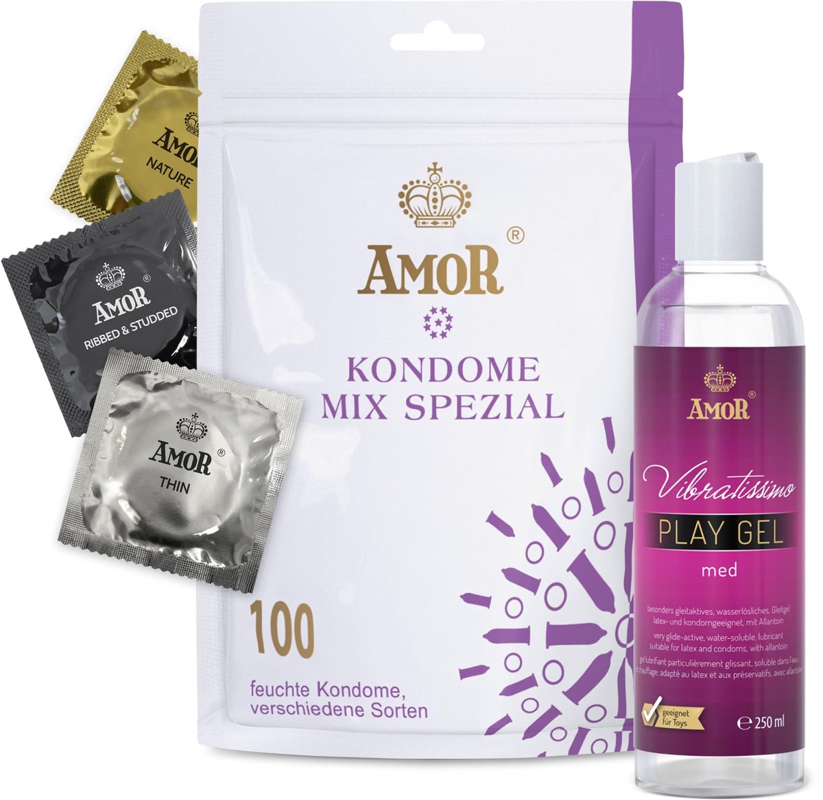 Set AMOR Premium Condoom en Glijmiddel - Ideale partners voor goede seks, 100 Mix Special Condooms Ø 53 mm, 5 soorten + Vibratissimo Play Gel med 250 ml