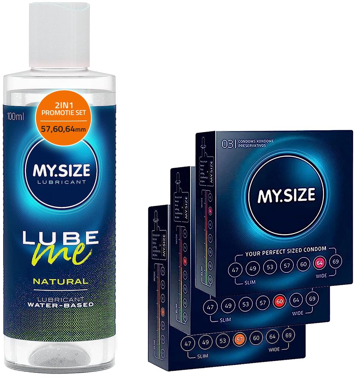 MY.SIZE Condoom + Glijmiddel Set met 100 ml Lube Me Glijmiddel Naturel & 3x3 condooms 57, 60, 64 mm breed I glijmiddel op waterbasis I Glijmiddel Gel geschikt voor Toys & Latex condooms