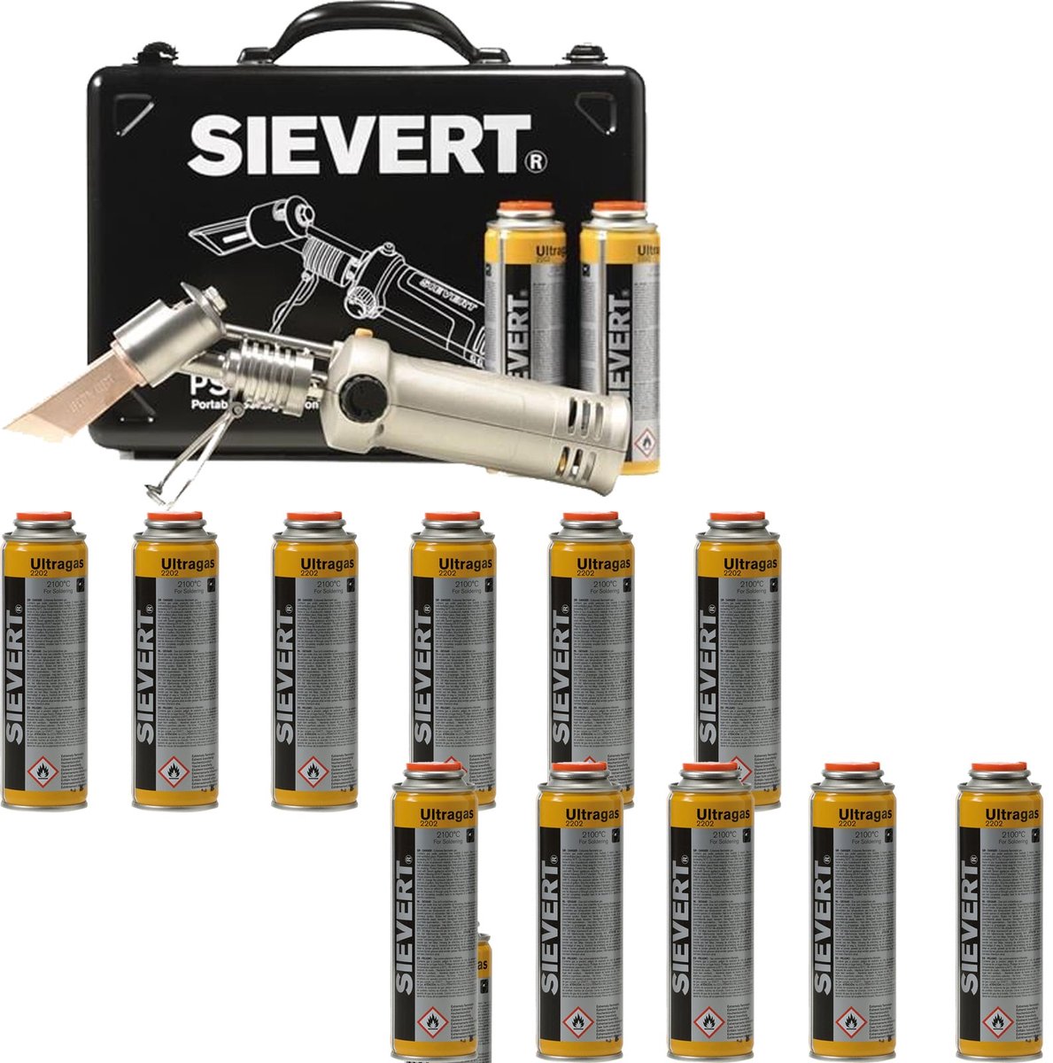 SIEVERT Zachtsolderboutset PSI 3380 + 12x Schroefcartridge Ultragas 60 gr.