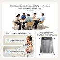 Groep van vijf mensen aan een tafel voor een vergadering. Smart dual-mode opname: telefoongesprek opnemen en persoon-op-persoon opnemen. Apparaat met 4 MEMS microfoons.