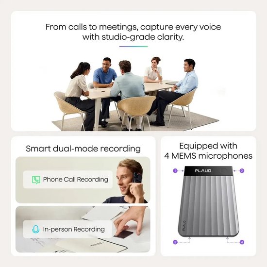 Groep van vijf mensen aan een tafel voor een vergadering. Smart dual-mode opname: telefoongesprek opnemen en persoon-op-persoon opnemen. Apparaat met 4 MEMS microfoons.