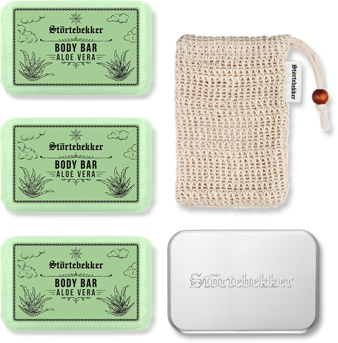 Störtebekker® Premium Douche Set Body Aloe Vera - Shower Set Heren met Milde, Zachte Geur - Vaste Douchezeep (3x 120g), Sisal Washandje & Zeepdoos - Vegan met Sheaboter - Handgemaakt in Nederland - Plasticvrij