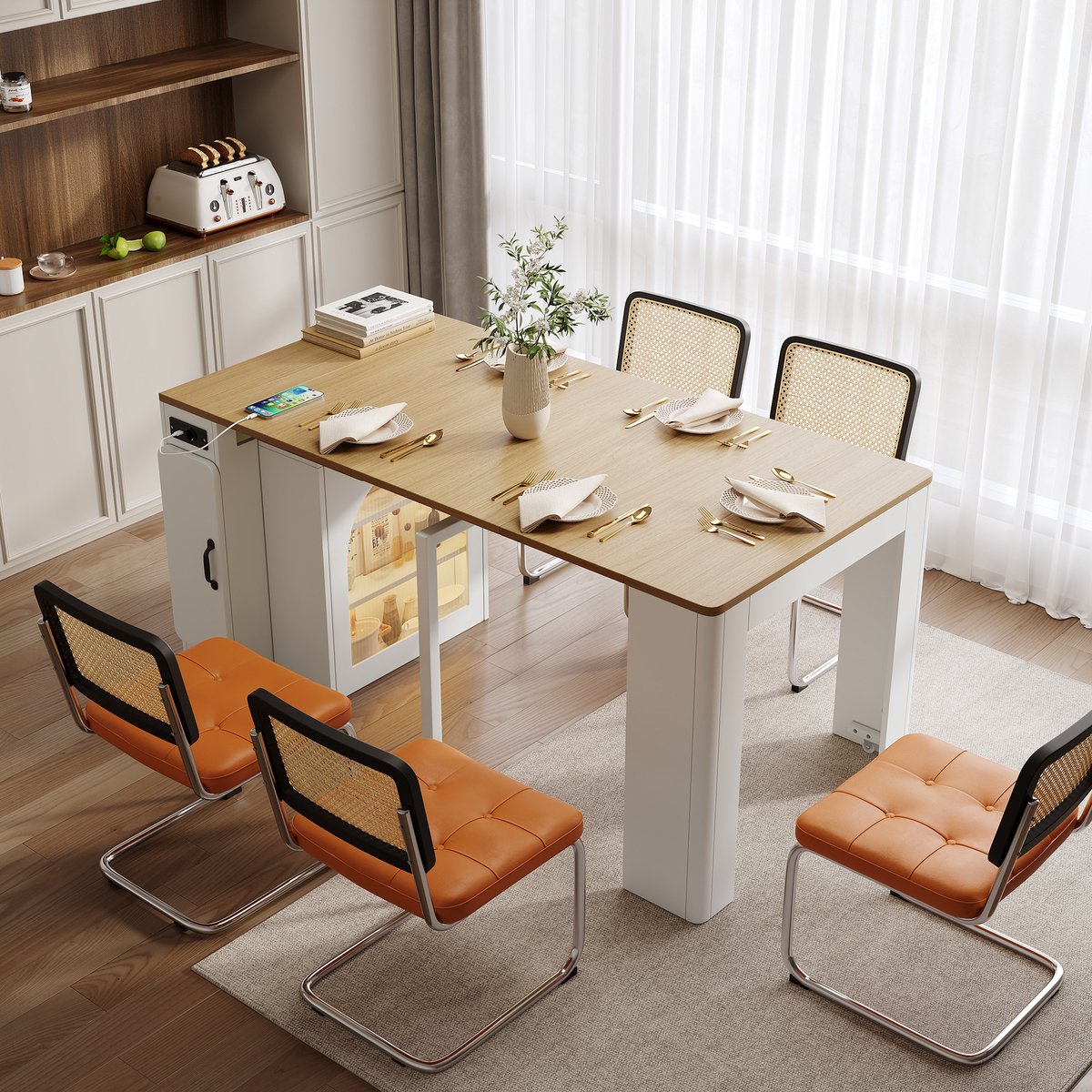 Clruro Eettafel - 83 × 39,6-149,6 × 77 cm - Uitschuifbaar met LED en USB - MDF/Glas - Wit/Naturel