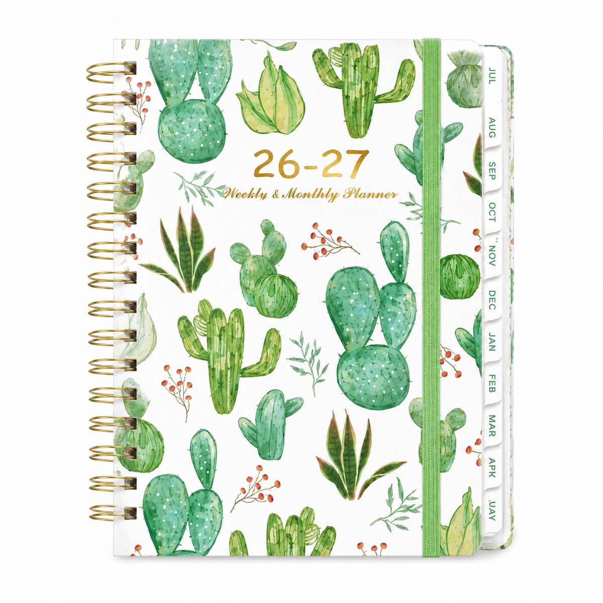 Bobypet - Agenda 2026.7-2027.6 A5 - Planner - Weekplanner en Maandplanner - Spiraalagenda met Tabs en Elastiek - Cactusdesign - 215 x 165 mm