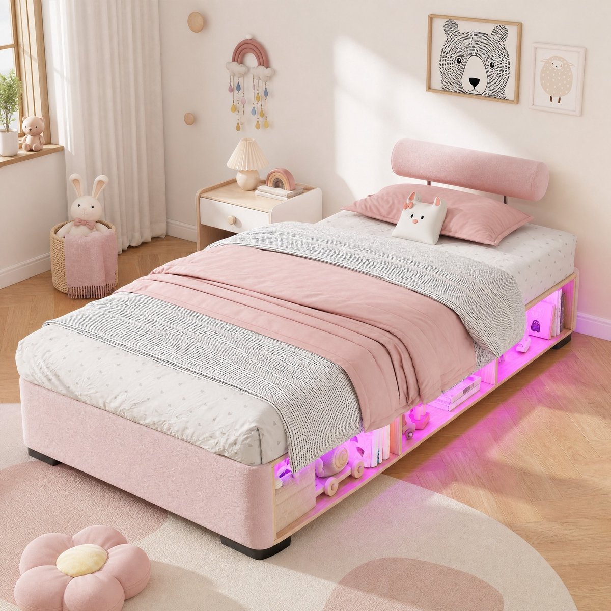 DESMIU Kinderbed 90x200cm - Gestoffeerd Bed Met LED Zijvak En Opbergruimte - Flexibele Hoofdborden Op 3 Zijden - Voor Kinderkamer En Jeugdkamer - Fluweel - Roze Zonder Matras