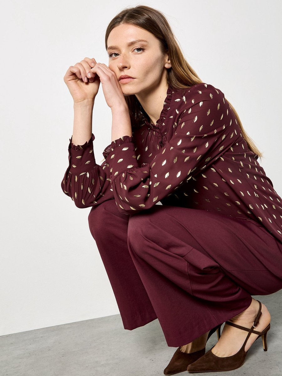 Chiffon blouse met ruches en goudfolie