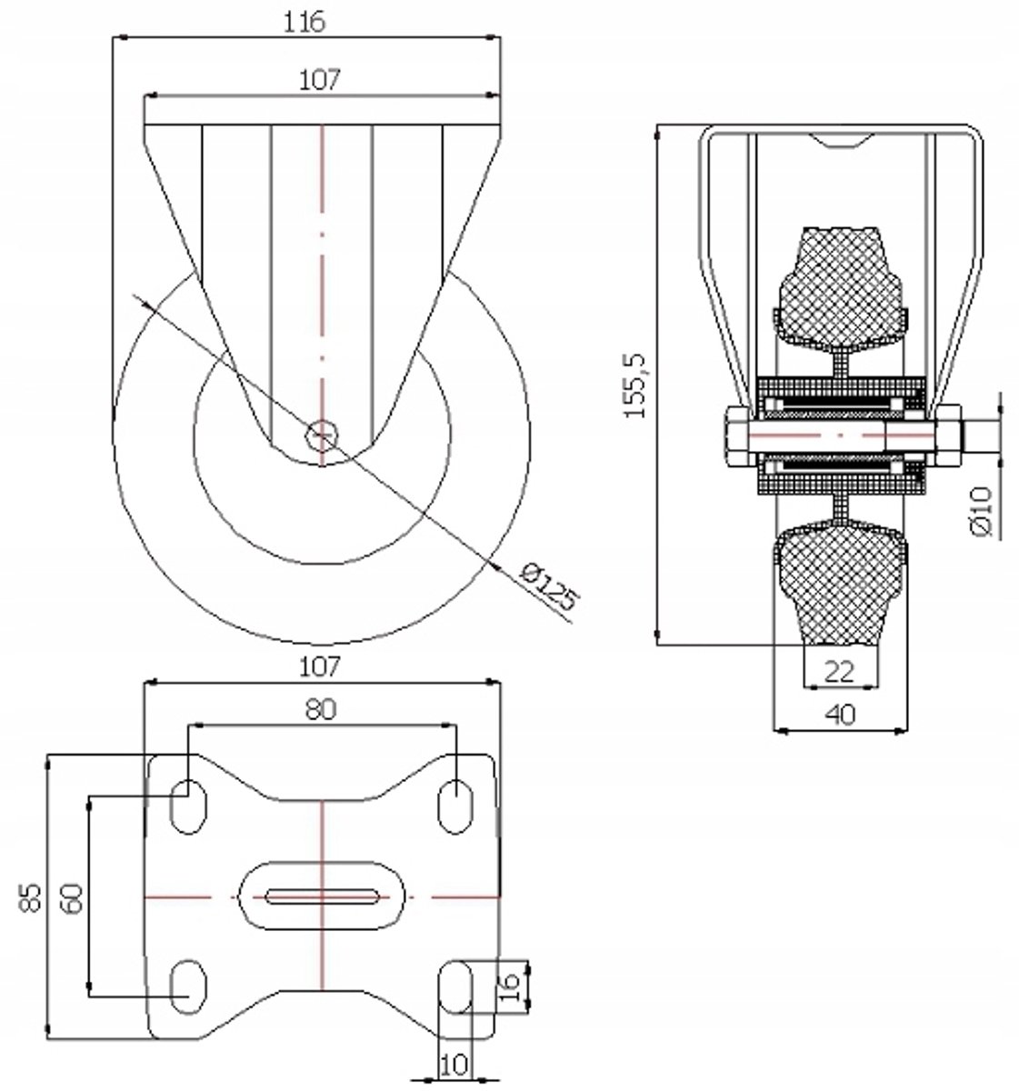 Merkloos Zwenkwiel 125mm Rubber & Kunststof, Vaste Behuizing