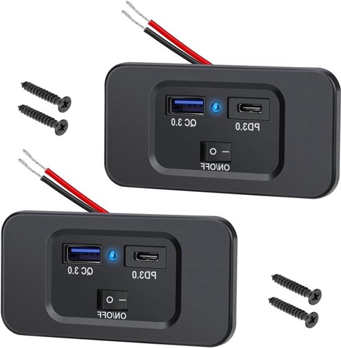 Dual USB Oplaadpaneel met QC3.0 en Type C Aansluiting voor RV, Marine en Motorboot - 2 Stuks, Ideaal voor Snelladen en Gemak