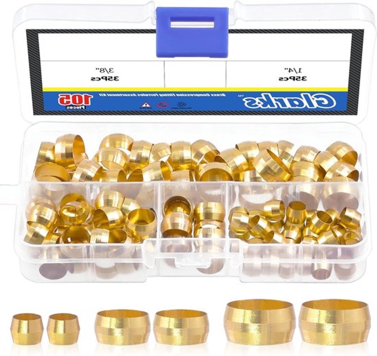105 Stuks Messing Compressiehulzen en Ferrules voor Buizen - Assortiment met 1/4", 3/8" en 1/2" Maten voor Diverse Toepassingen