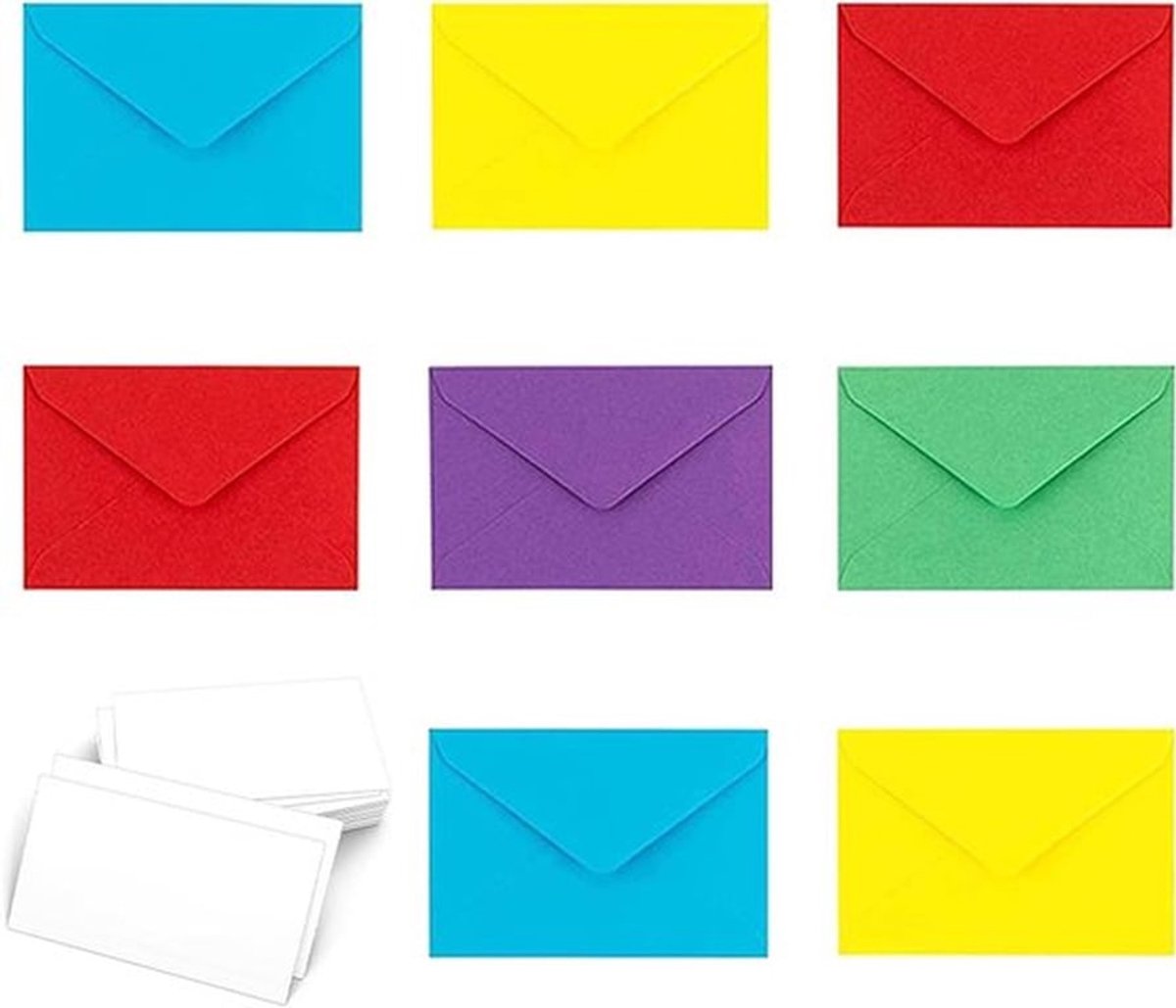 Mini enveloppen in 5 kleuren, geschikt voor wenskaarten en feestelijke gelegenheden, 50 stuks met 50 witte kaarten