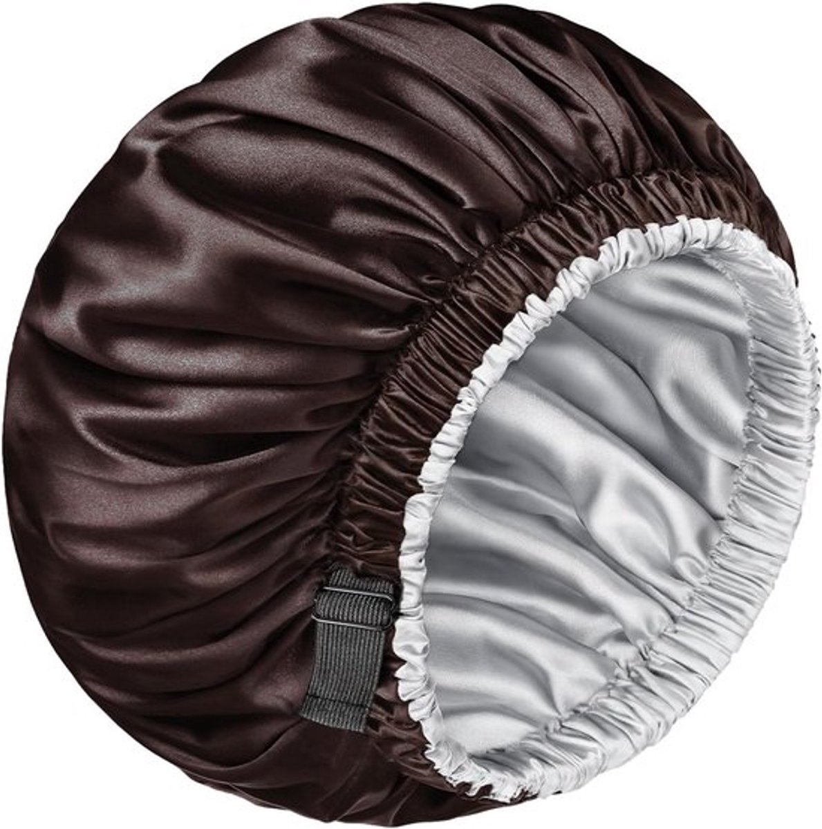 Satin slaapmuts voor mannen en vrouwen, 2-pack, omkeerbaar met dubbele laag voor krullend haar en vlechten, verstelbare elastische band (chocolade/zilver)