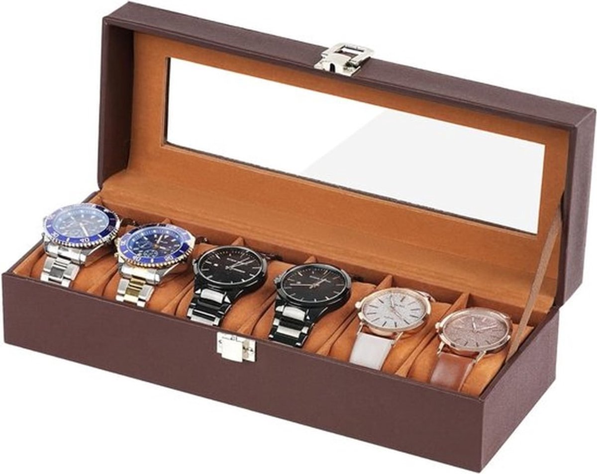 Luxe Horlogeopbergdoos met 6 Slots, Glazen Deksel en PU Leer, Ideaal voor Horloges, Sieraden en Armbanden (Bruin)