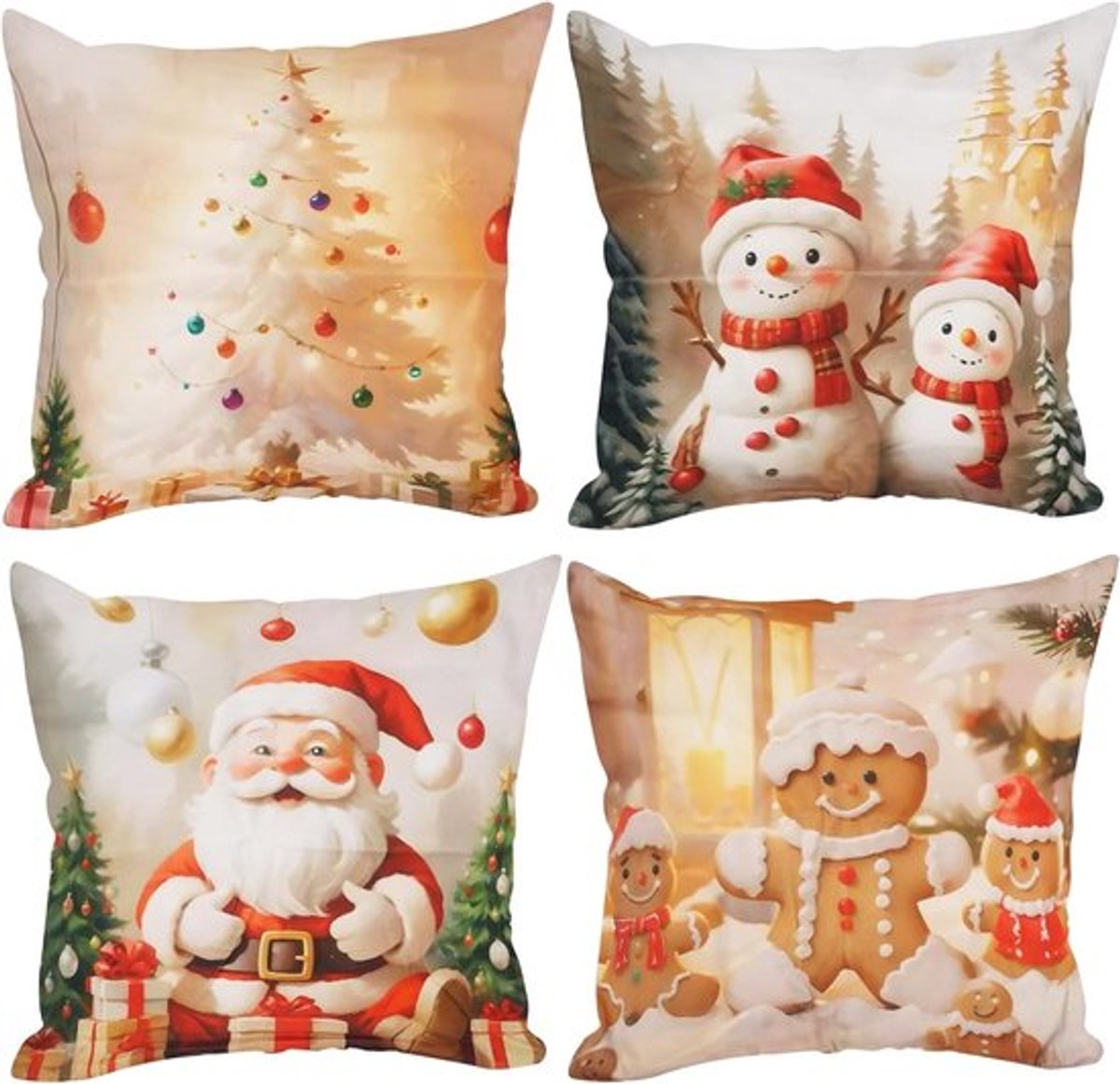 Kerst Kussenhoezen Set van 4 - Santa, Sneeuwman en Kerstdecoratie voor Binnen, 45 x 45 cm, Perfect voor de Woonkamer en Bank