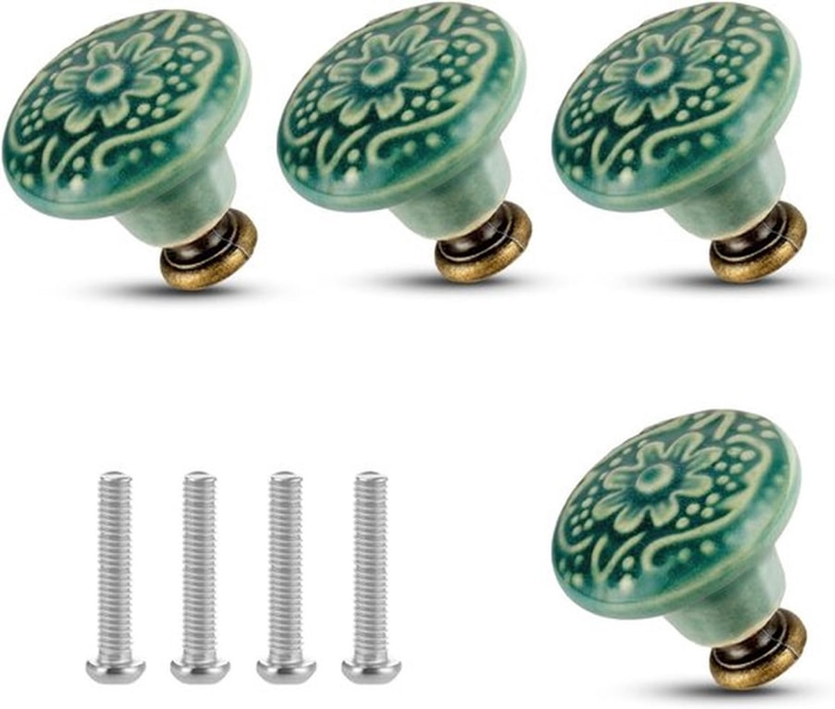 Set van 4 Vintage Bloemen Kastknoppen, Decoratieve Meubelknoppen met Bevestigingsschroeven voor Kastladen en Deuren, Diameter 3.5 cm (Groen)