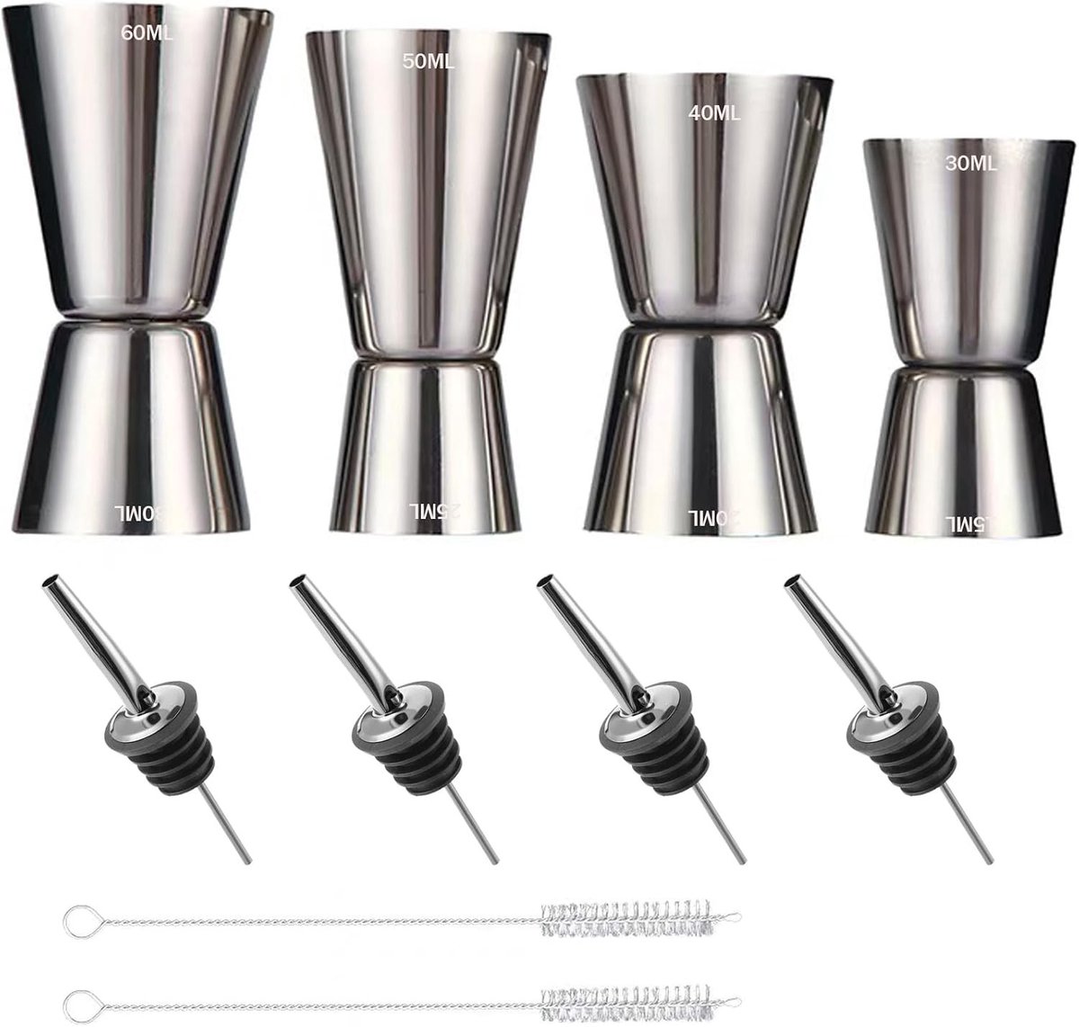 Cocktailmaatbeker Set - Zilver - Roestvrij Staal - 4 Stuks Maatbekers met Flessenschenktuiten - Voor Barmensen en Feestjes