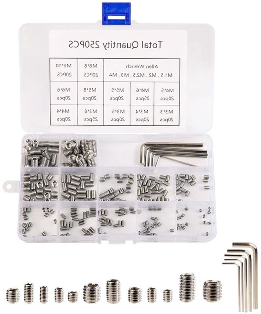 Assortiment van 250 Stuks Maggot Schroeven, Hexagon Socket Draadpennen met Sleutel, Geschikt voor Deurgrepen en Kranen - M3/M4/M5/M6/M8, Perfect voor Klussen en DIY Projecten