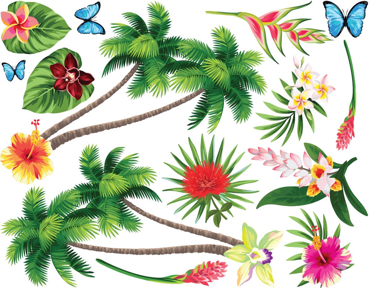 Ambiance Sticker Muurstickers - Tropische paradijsbloemen - Transparante achtergrond - 100x125cm Multi color