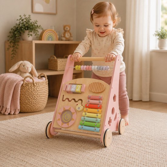 Rijoka Loopwagen Hout voor Baby +/- 1 jaar - Babywalker - Educatieve looptrainer - Anti-Slip wieltjes - 38 x 32 x 46cm - Roze van Rijoka — afbeelding 4