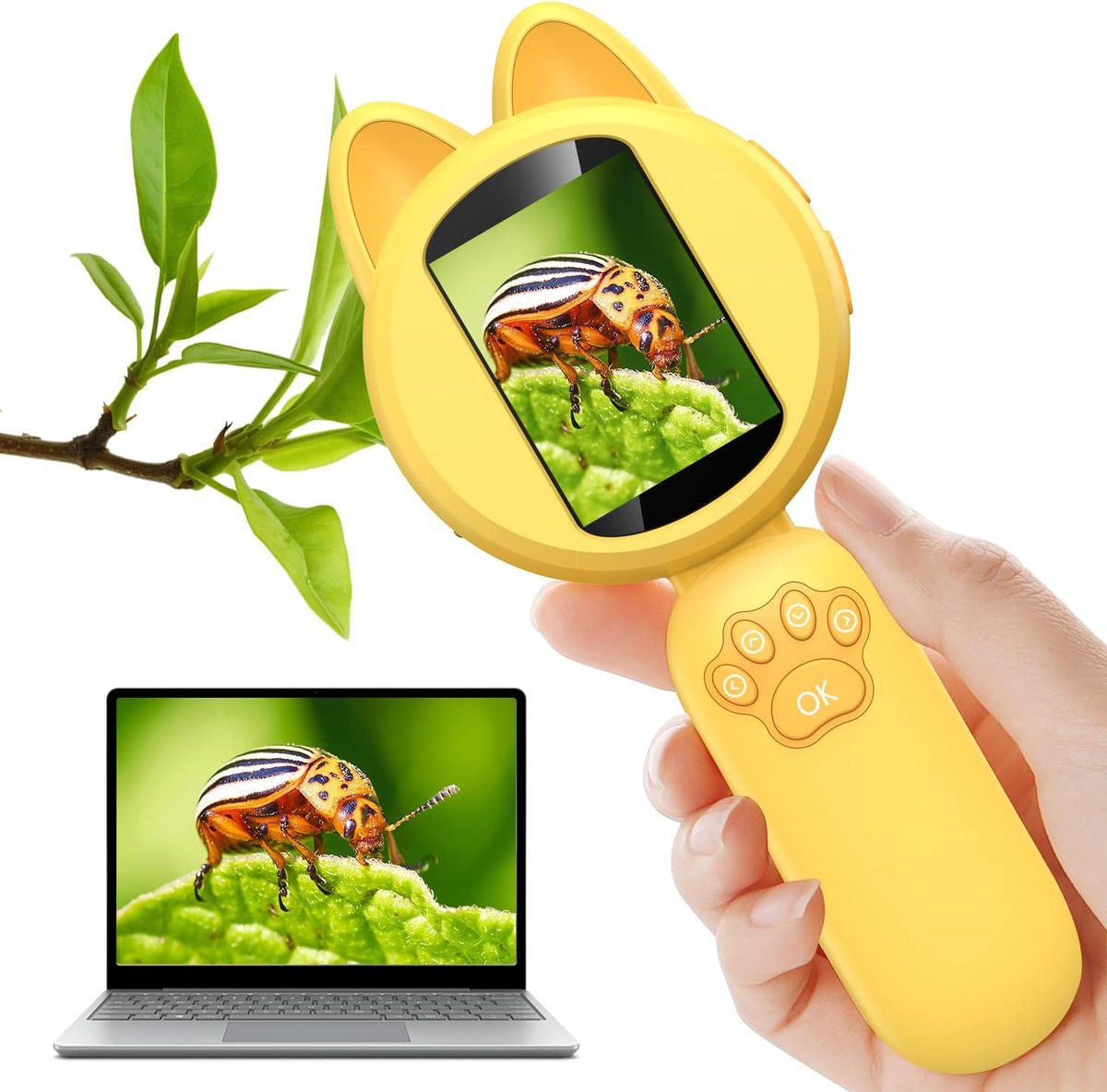 Bobypet - Digitale Kindermicroscoop - Draagbare Zakmicroscoop met 2.0 Inch IPS Scherm - Handmicroscoop Camera 100x - 8 LED Verlichting - Educatief Speelgoed Cadeau 4-12 Jaar - Geel