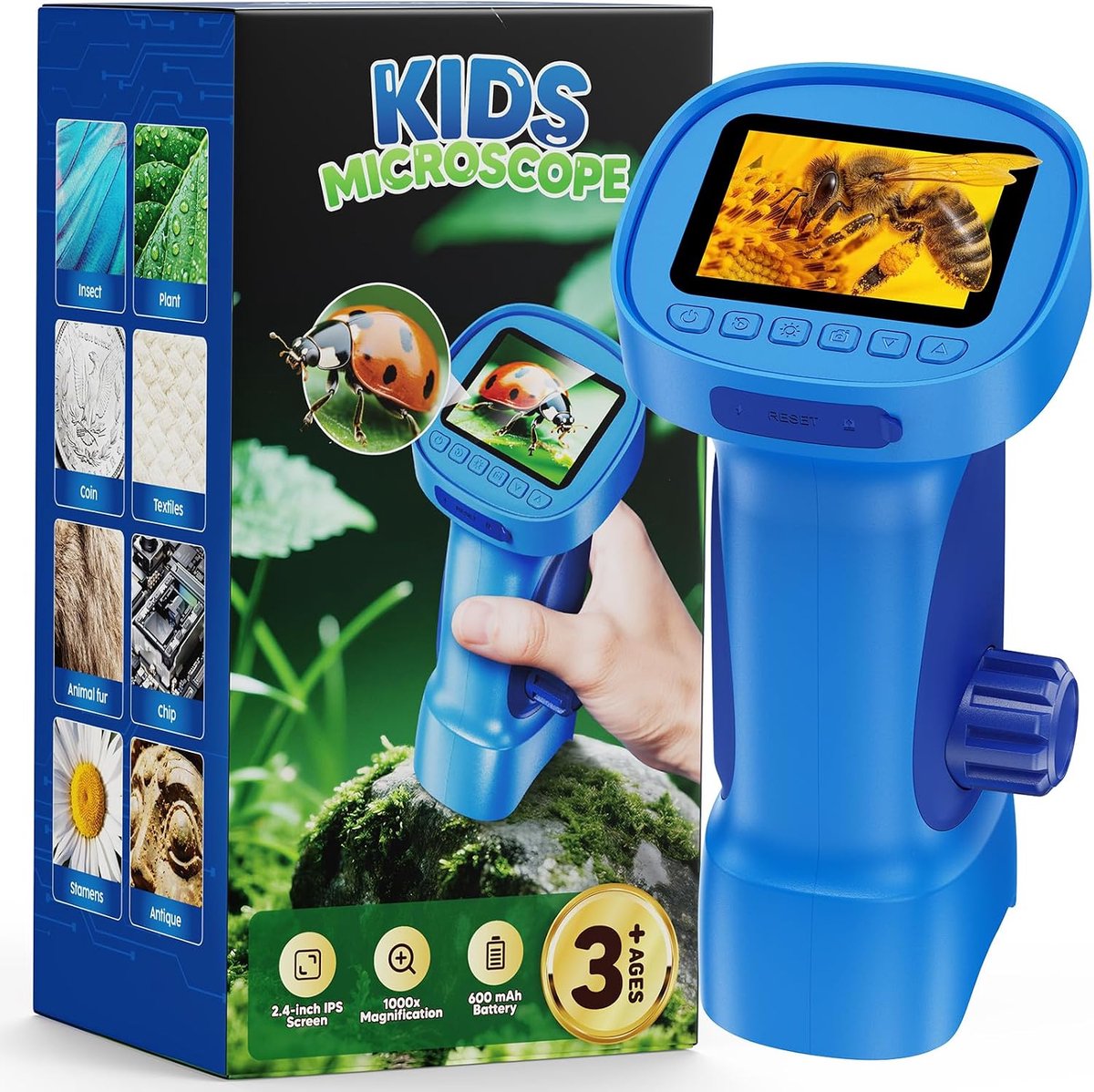 Bobypet - Kinder Microscoop met IPS Scherm - 1000X Digitale Zakmicroscoop voor Kinderen - Opneembare Handmicroscoop met 8 LED's, Type-C en PC Aansluiting - Blauw