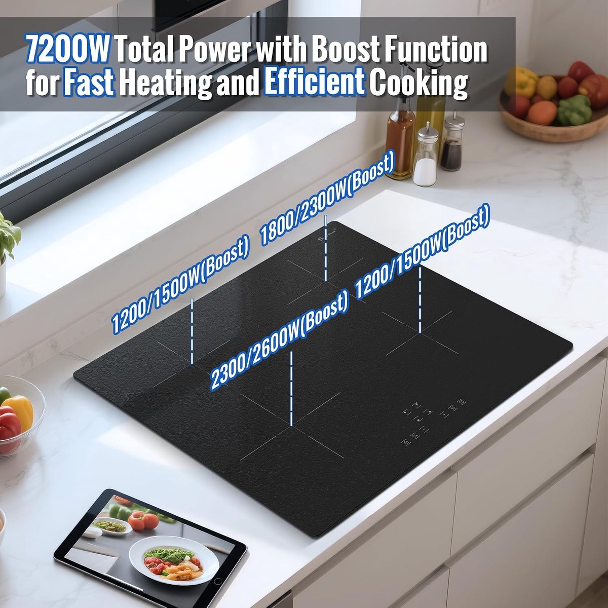 Inductiekookplaat - Mat Glas - 60 cm - Inbouw met Boost-functie en Timer - Voor Professionele Koks