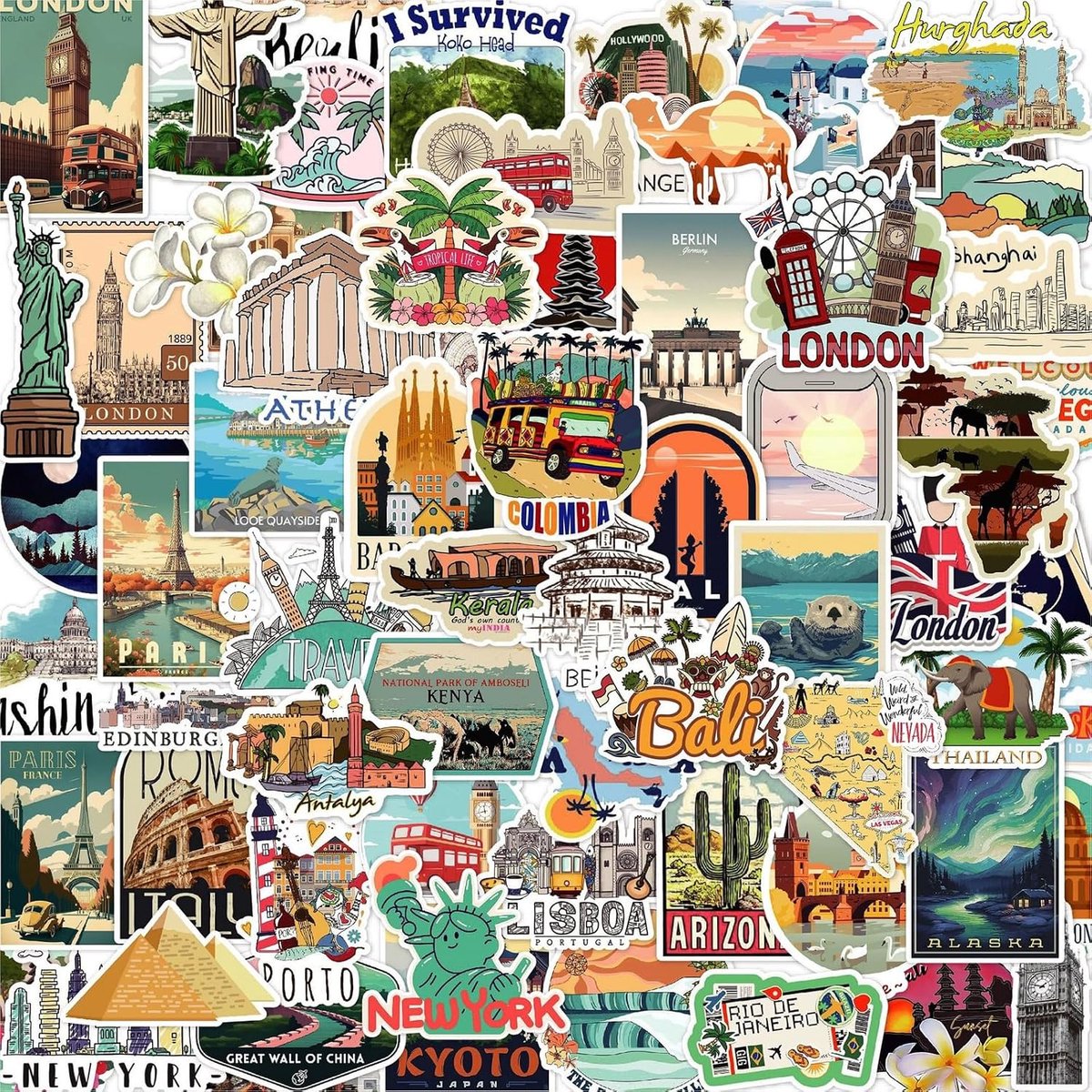 100 stuks vintage reisstickers voor scrapbooking en koffer, waterdichte stickers voor reisnotitieboek, fotoalbum - ShopVlot
