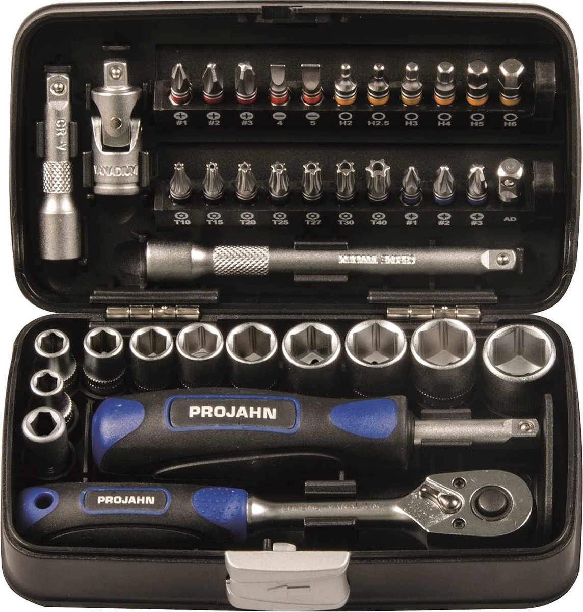 Projahn Mini steeksleutel en bitbox 38-delig (compacte set met verschillende steeksleutels, kleurgecodeerde bits: - ShopVlot