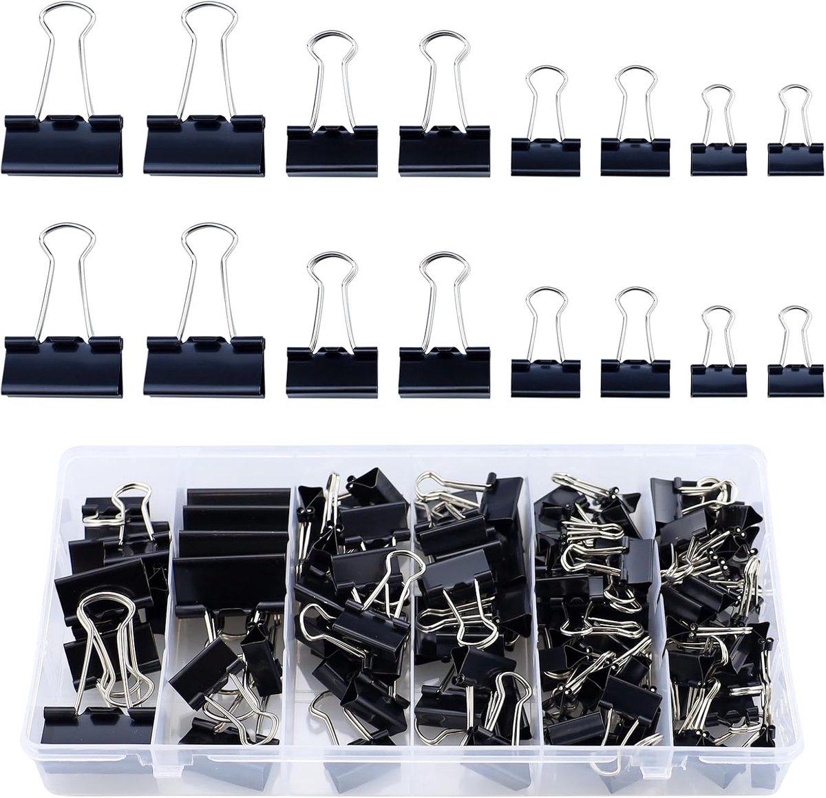 115Pcs Black Foldback Staple Set, 15mm/19mm/25mm/32mm Paper Clips in Box, Metal Binding Clips, Paper Clips - ShopVlot
