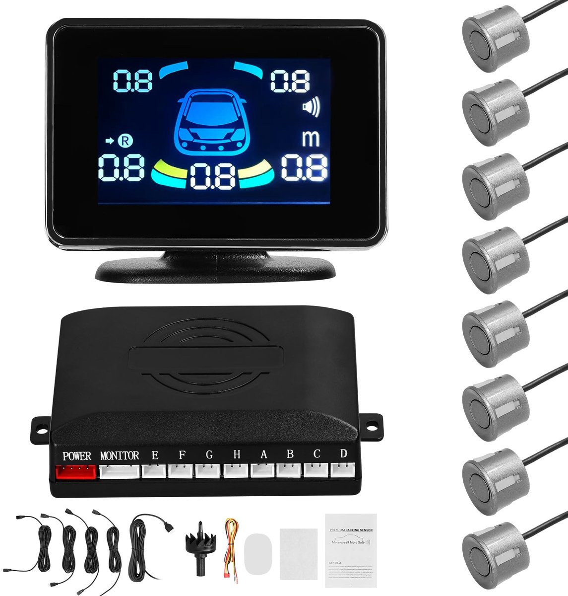 Shkalacar Parkeersensoren voor auto, radarwaarschuwing voor auto, parkeersensor met 8 sensoren, lcd-display, houder - ShopVlot