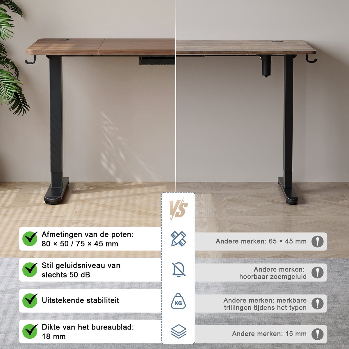Devoko Elektrisch Zit-Sta Bureau 160x80 cm – 18 mm Dik Tafelblad – 3 Geheugenstanden – USB en Zit-alarm – Kabelmanagement – Zwart frame met walnootkleurig blad thumbnail 2