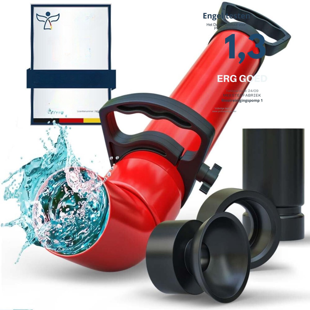 QUOVO® Rioolontstopper – Rioolreinigingsset - WC Ontstopper Met 3 Opzetstukken - Gootsteenontstopper - Toilet Ontstopper - Afvoer Ontstopper - Ontstoppingsveer - Rioolveer - Rioolreinigersveer - Drain Cleaner – Perslucht - Rood - 35cm x 35cm x 18cm