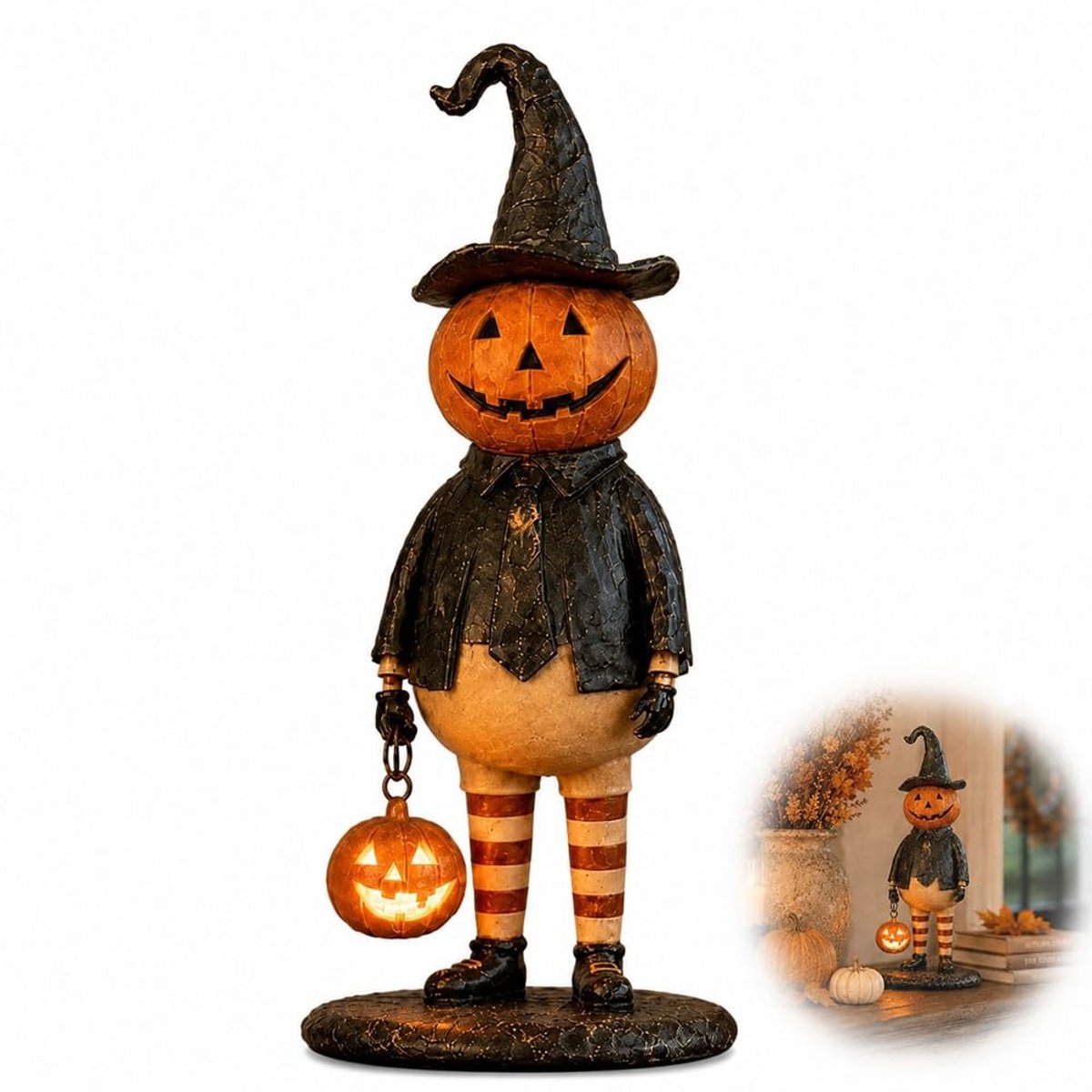 Halloween Decoratie - LED Pompoen Heks Figuur - Vintage Halloween - Tafeldecoratie met Lichtgevende Pompoen, Hars Beeldje voor Tafel, Kast, Schouw en Boekenplank