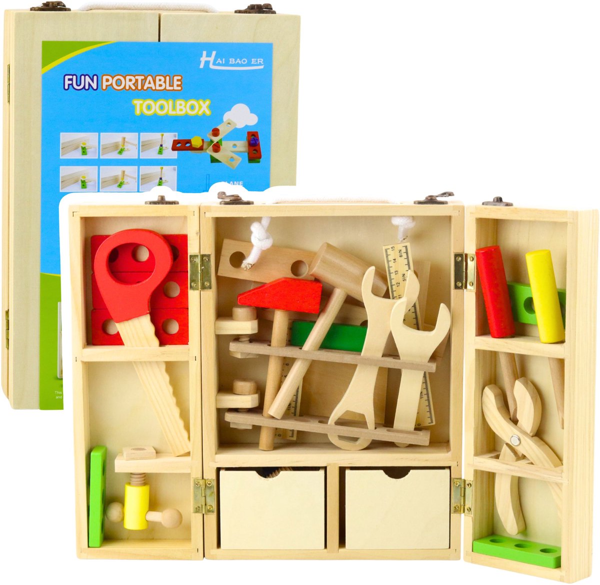 Kleine klusjesset houten gereedschapskist 35-delig.