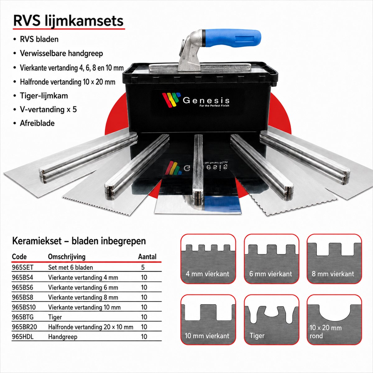 Genesis Lijmkam set All-in-one - Zwart - RVS - Lijmkammen set met verschillende vertandingen