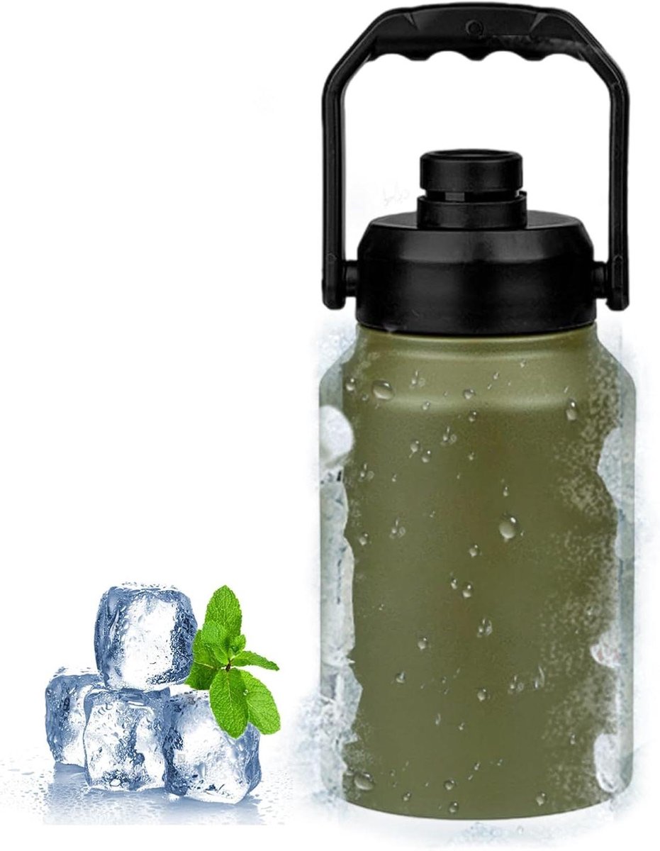 Thermoemmer met Handvat - IJsemmer Drinkfles - Dranken Koel Houden - Dubbele Vacuüm Isolatie - 2 Liter - Legergroen