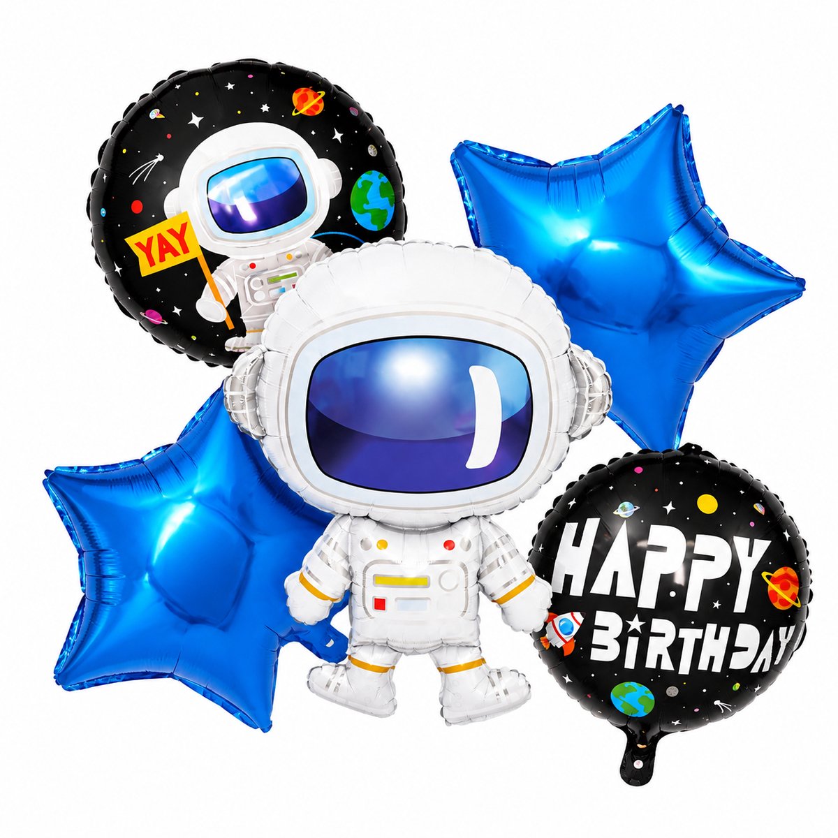 Fienosa Ruimtevaart Ballonnen Set – 5 Folieballonnen – Astronaut & Happy Birthday – Space - Sterren – Ruimte Verjaardag Versiering