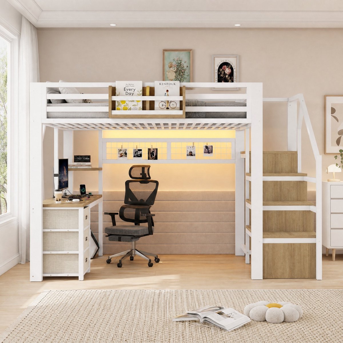 DESMIU Hoogslaper 140x200 cm Met Bureau En Opbergruimte Met Trap En Ledverlichting Voor Kinderen Wit Metaal En MDF Zonder Matras