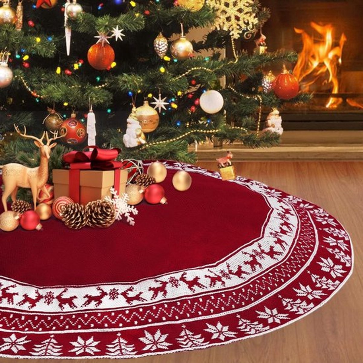 Kerstboomrok 90cm Gebreide Kerstboomdeken Rond met Hert en Sneeuwvlokken voor Feestelijke Decoratie in Rood, Perfect voor Kerst en Nieuwjaar