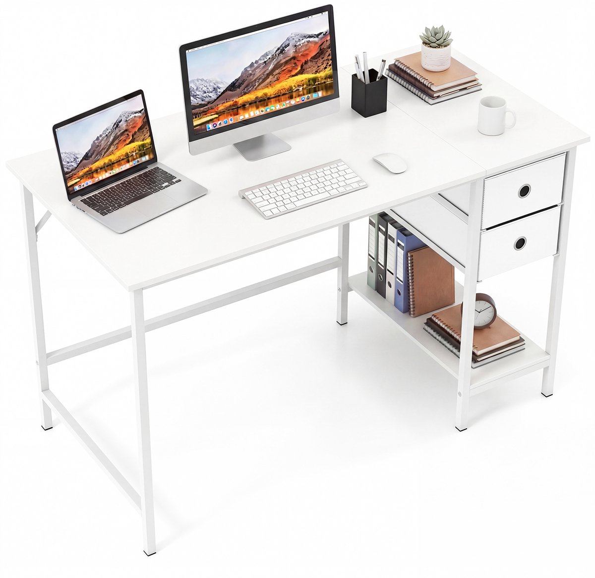 COSTWAY Bureau met 2 laden, 120 cm lange computertafel met hoofdtelefoonhaak en opbergvak, bureautafel, grote pc-tafel, werktafel voor kantoor, thuis (wit, 120 cm breed)