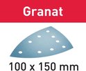 Lichtblauw schuurpapier met 9 gaten, in de vorm van een driehoek met afgeronde hoeken. Tekst 'Granat 100 x 150 mm'.