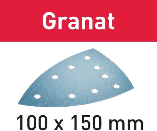 Lichtblauw schuurpapier met 9 gaten, in de vorm van een driehoek met afgeronde hoeken. Tekst 'Granat 100 x 150 mm'.
