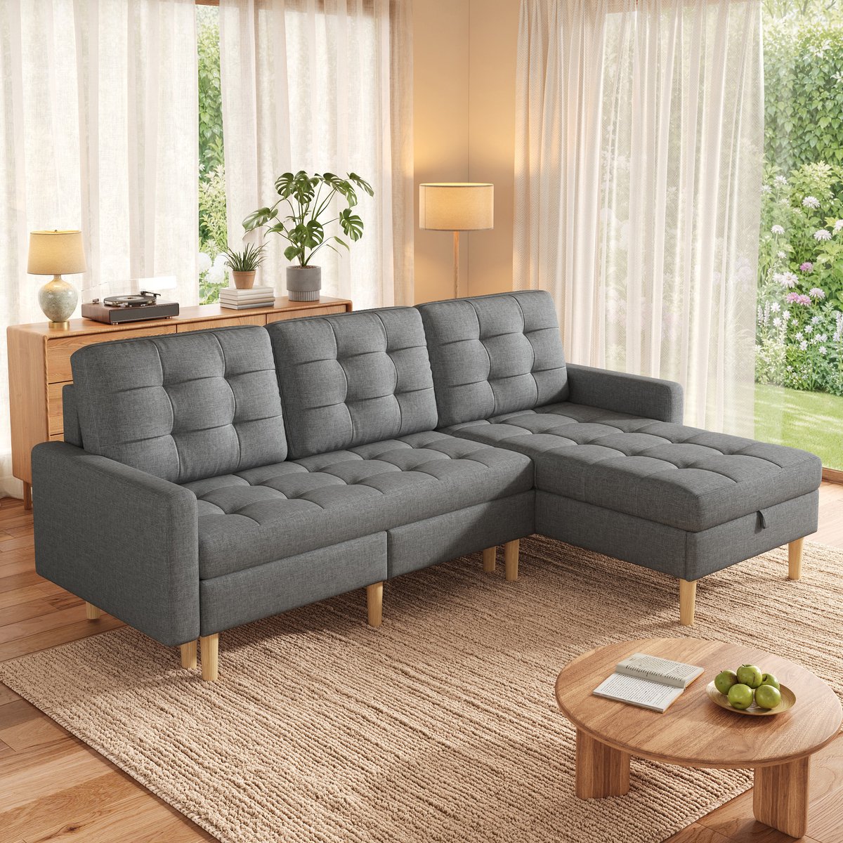 L-Vorm Hoekbank 3-Zits - 212 cm Moderne Hoekbank Met Opbergruimte En Omkeerbare Chaise Longue - Ruimtebesparende Bank Voor Appartement - Stoffen Woonkamer Sofa - Grijs