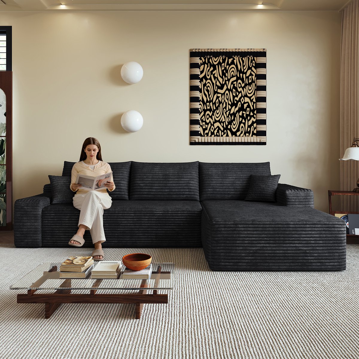 Modulaire Hoekbank - 270 cm L Bank Met Chaise Longue - Frameloze Ribstof Sofa Met Diepe Zit En Zachte Schuimvulling - Compressie Bank Zonder Montage - Moderne 3 Zits Bank Voor Woonkamer Appartement - Zwart