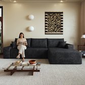 Modulaire Hoekbank - 270 cm L Bank Met Chaise Longue - Frameloze Ribstof Sofa Met Diepe Zit En Zachte Schuimvulling - Compressie Bank Zonder Montage - Moderne 3 Zits Bank Voor Woonkamer Appartement - Zwart