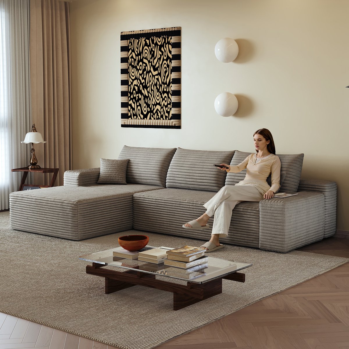 Modulaire Hoekbank 3-Zits - Ribcord Wolkenbank Zonder Frame Met Chaise Longue, Diepe Zit En Schuimvulling - Taupe