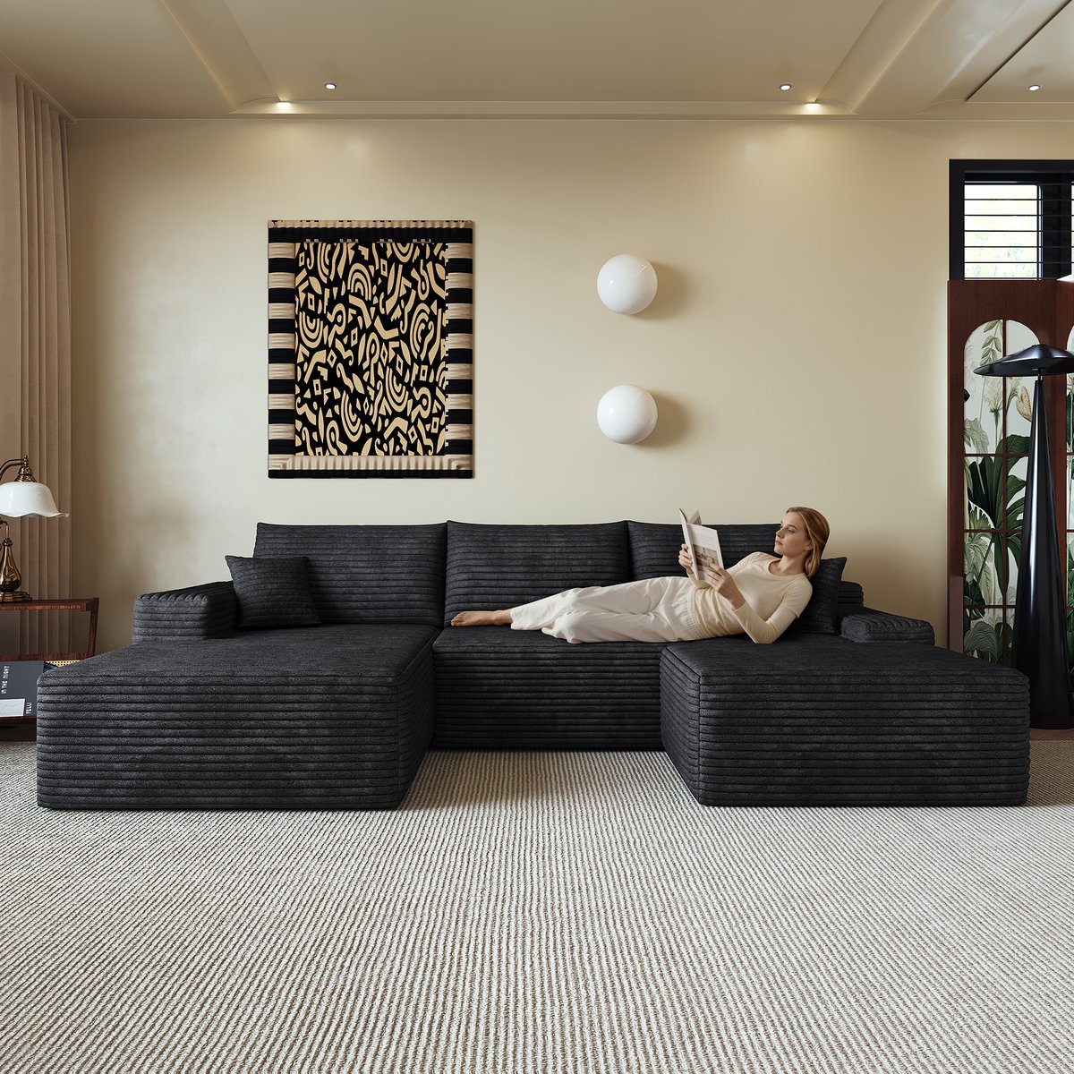 Modulaire Hoekbank - 4 Zits L Vorm Cloud Sofa Ribstof - Frameloze Lounge Bank Met Chaise Longue En Diepe Zit - Compressie Sofa Zonder Montage - Moderne Woonkamer Bank Zwart