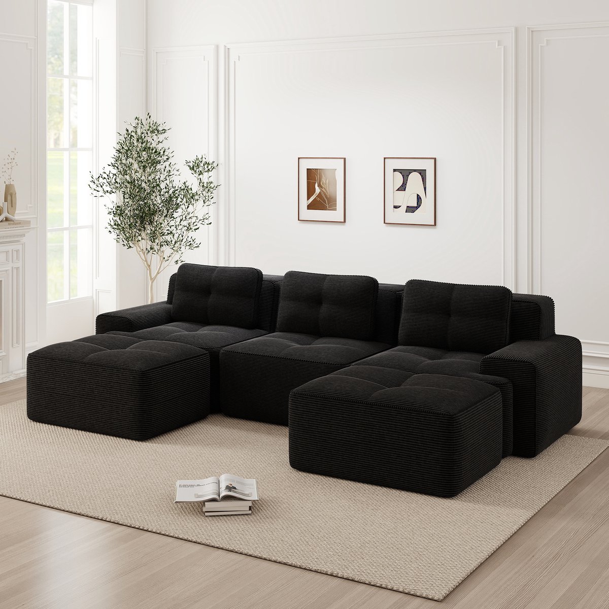 Modulaire Hoekbank - U-Vormige 3-Zits Bank Met Hocker - Wolkbank Van Ribstof - Diepe Zit - Zwart