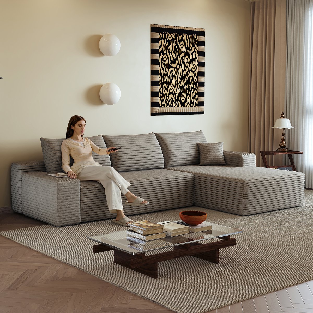 Modulaire Hoekbank - Luxe Ribstof Sofa Met L Chaise Longue - Comfortabele 3-Zits Bank Met Diepe Zit, Zachte Schuimvulling En Ruimtebesparend Design - Moderne Lounge Bank Voor Woonkamer - Camel